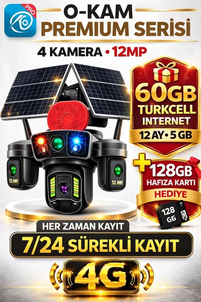 O-Kam OK336 Premium Serisi 12MP 4 Kameralı 4G Çift Solar Panel Gece Görüş 1 Yıl Turkcell +128GB Hafıza ürün görseli 1