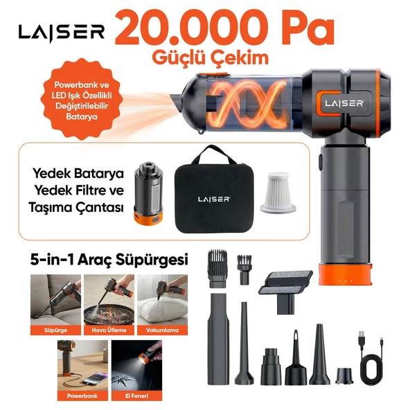 Laiser VT-120 5-in-1 Kablosuz Araç Süpürgesi: 20.000 Pa Güç & Değiştirilebilir 2 Bataryalı (Powerbank ve LED Işık Özellikli) ürün görseli 1