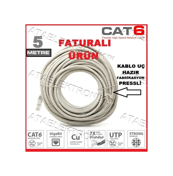 5 Metre 5Mt Hazir Pressli Cat6 Ethernet Internet Modem Kablosu ürün görseli 1