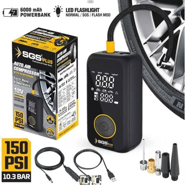 SGS SGS5398 Şarjlı Hava Kompresörü 12V 6000mAh 150 PSI Powerbank LED Dijital Manometre ürün görseli 1