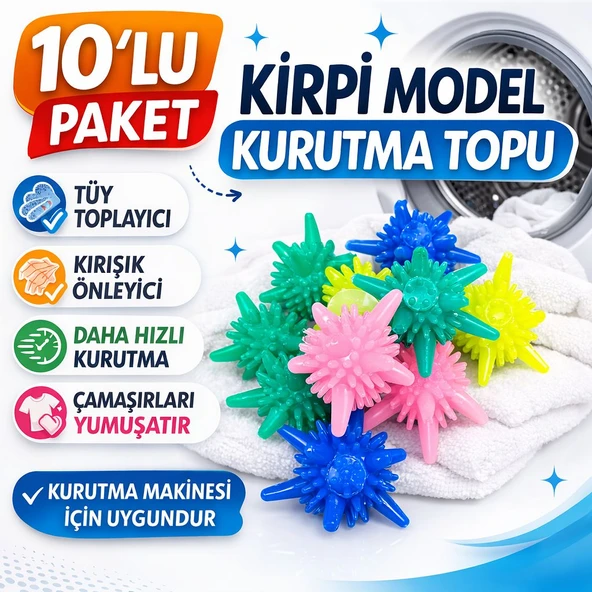 10’lu Paket Kirpi Model Tüy Toplayıcı Kırışık Önleyici Çamaşır Kurutma Topu ürün görseli 1