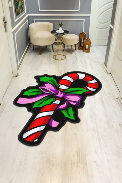 Yılbaşı Şekeri Desenli Lazer Kesim Dijital Baskı Kaymaz Taban Halı H0408 RENKLİ 140 X 200 ürün görseli 1