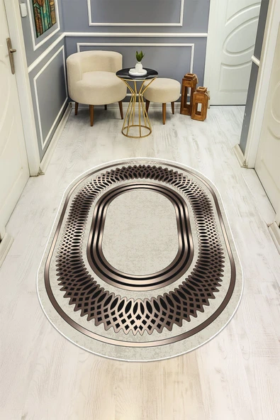 Modern Desenli Oval Dijital Baskı Kaymaz Taban Halı H0361 RENKLİ 120 X 180 ürün görseli 1