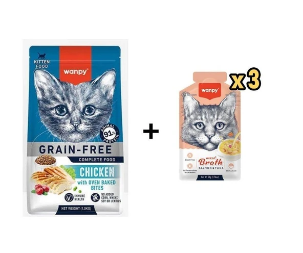 Wanpy Tahılsız Tavuklu Yavru Kedi Maması 1,5 Kg + 3 Adet Wanpy Somonlu ve Ton Balıklı Kedi Çorbası 50 Gr ürün görseli 1