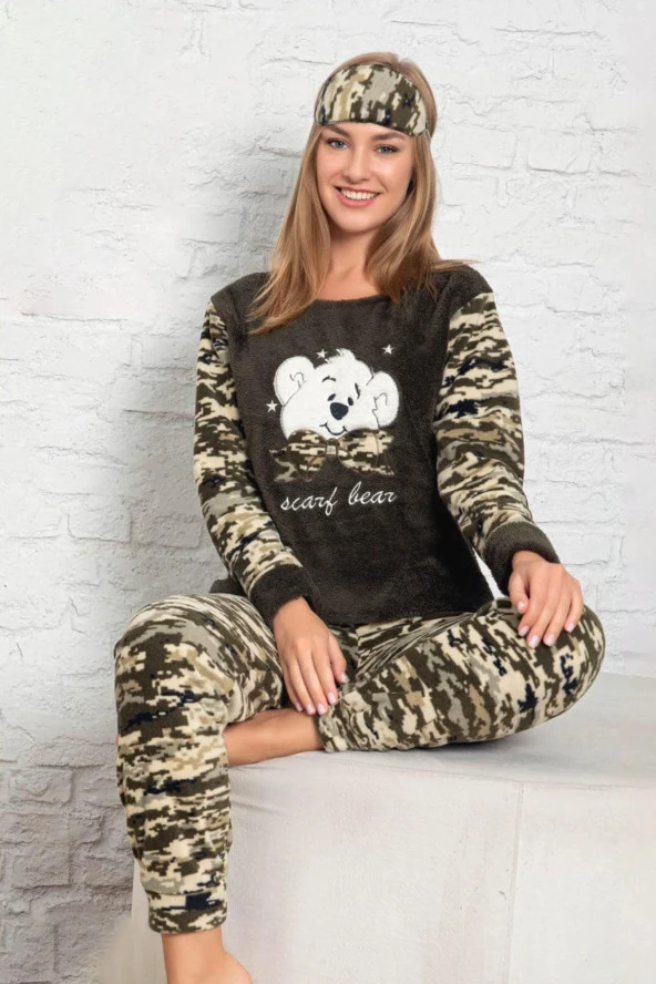 Kadın Yeşil Renk Kamuflaj Desenli Polar Kumaş AZL-6206  Pijama Takımı ürün görseli 1