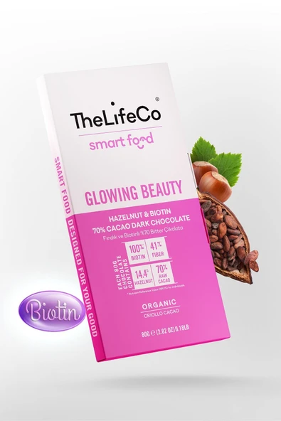 The LifeCo Smartfood Glowing Beauty Biotinli %70 Organik Bitter Çikolata 80 G (glutensiz,fındık,yüksek Lif) ürün görseli 1