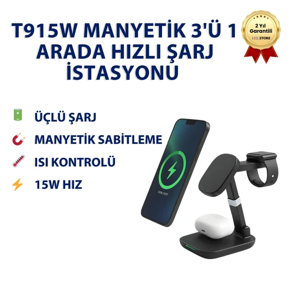 EIMA T9 15W Manyetik 3'ü 1 Arada Hızlı Şarj İstasyonu -Tüm Akıllı Telefonlar, İphone Watch ve AirPods Uyumlu Şarj Standı ürün görseli 1