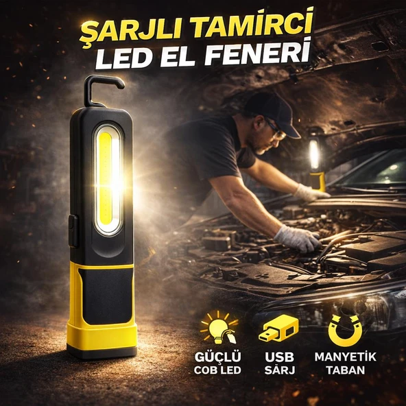 Tamirci El Feneri Şarjlı Type C USB Güçlü Led Askılı El Feneri Kamp Araba Tamir Acil Durum Işığı ürün görseli 1