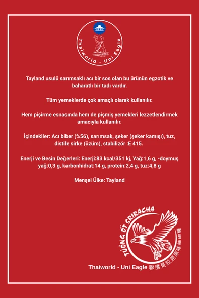 Thaiworld - Uni Eagle Sriracha Acı Biber Sosu 815 gr - Resim 4