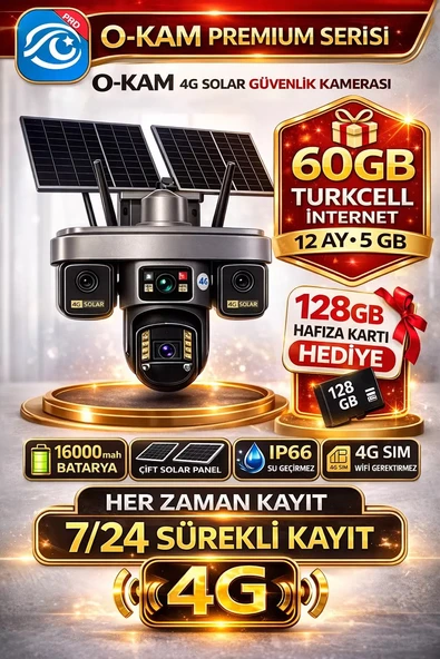 O-Kam OK335 Premium Serisi 12MP 4 Kameralı 4G Çift Solar Panel Gece Görüş 1 Yıl Turkcell +128GB Hafıza ürün görseli 1