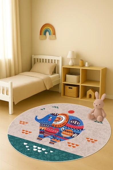 Dijital Baskı Fil Desenli Kaymaz Taban Çocuk ve Genç Odası Halısı H0319 RENKLİ 160 X 160 ürün görseli 1