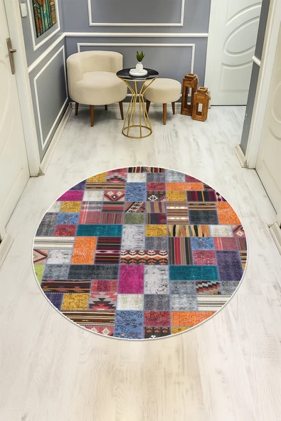Dijital Baskı Etnik Desenli Kaymaz Taban Halı H0347 RENKLİ 200 X 200 ürün görseli 1