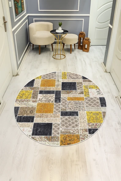 Dijital Baskı Etnik Desenli Kaymaz Taban Halı H0352 RENKLİ 120 X 120 ürün görseli 1