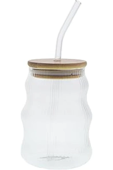 STOREMAX Reovo 500Ml Kapaklı Cam Bardak, Cam Pipetli Siliko Kapak Cotalı İce Çizgi Deseli Soğuk İçecekler Iç ürün görseli 1