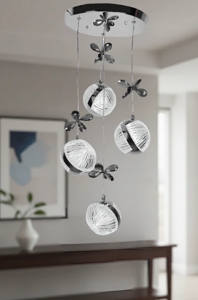 4'LÜ PERLA KROM 3 RENK MODLU KRİSTAL TAŞLI LEDLİ AVİZE ürün görseli 1