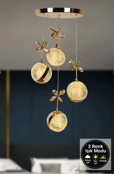 4'LÜ PERLA GOLD 3 RENK MODLU KRİSTAL TAŞLI LEDLİ AVİZE ürün görseli 1
