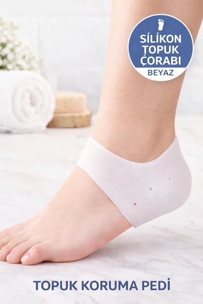 Beyaz Renk 2'li Set Silikon Topuk Çorabı | Topuk Koruyucu Ped Çatlak Önleyici Jel Topuk Yastığı ürün görseli 1