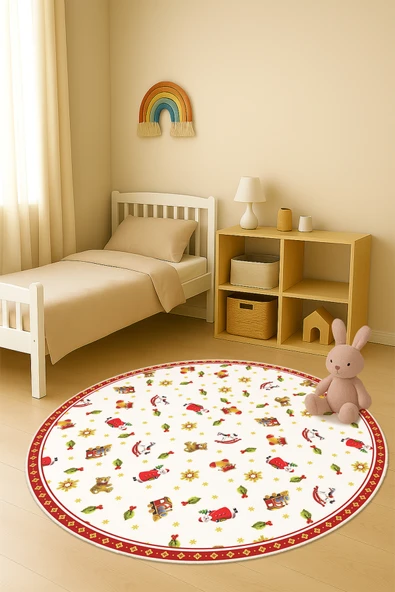 Dijital Baskı Noel Desenli Kaymaz Taban Çocuk ve Genç Odası Halısı H0341 RENKLİ 140 X 140 ürün görseli 1