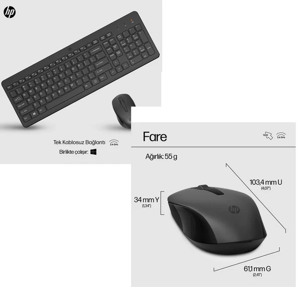HP 330 Kablosuz Klavye Mouse Seti Siyah 2V9E6AA - Resim 3