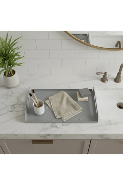 Chalybes Açık Gri Dekoratif Galvaniz Metal Düzenleyici - Çok Amaçlı Lavabo Üstü Tablası ürün görseli 1