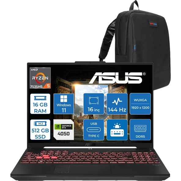 Tuf A16 FA607NU Amd Ryzen™ 5 7535HS 16GB Ddr5 512GB SSD 6GB/RTX4050 140W 16" FHD+(1920 x 1200, Wuxga) 144Hz Windows 11 Pro Taşınabilir Bilgisayar WRL095P01+ZETTAÇANTA ürün görseli 1