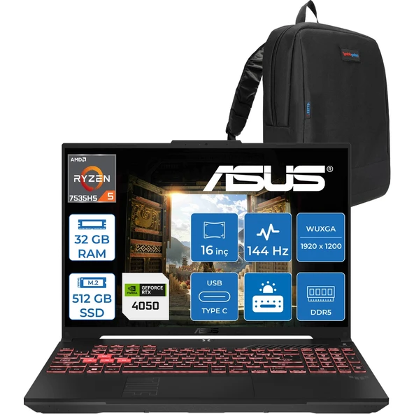 Tuf A16 FA607NU Amd Ryzen™ 5 7535HS 32GB Ddr5 512GB SSD 6GB/RTX4050 140W 16" FHD+(1920 x 1200, Wuxga) 144Hz Freedos Taşınabilir Bilgisayar WRL095F09+ZETTAÇANTA ürün görseli 1