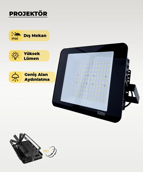 500W Profesyonel LED Projektör 6500K Beyaz Işık – Ultra Güçlü Dış Mekan Bahçe ve Endüstriyel Aydınlatma ürün görseli 1