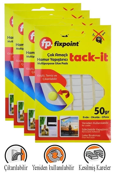 Hamur Yapıştırıcı Tack-it 50gr 4 Paket Fixpoint 65 Parça Macun Sakız Yapıştırıcı Takıt Çerçeve Afiş Duvar İz Bırakmaz ürün görseli 1