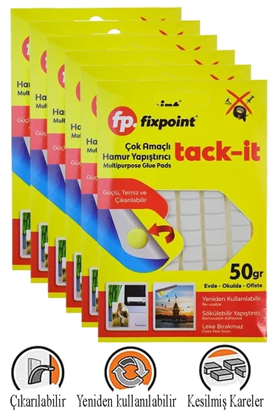 Hamur Yapıştırıcı Tack-it 50gr 6 Paket Fixpoint 65 Parça Macun Sakız Yapıştırıcı Takıt Çerçeve Afiş Duvar İz Bırakmaz ürün görseli 1
