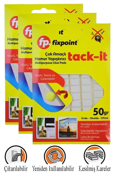 Hamur Yapıştırıcı Tack-it 50gr 3 Paket Fixpoint 65 Parça Macun Sakız Yapıştırıcı Takıt Çerçeve Afiş Duvar İz Bırakmaz ürün görseli 1