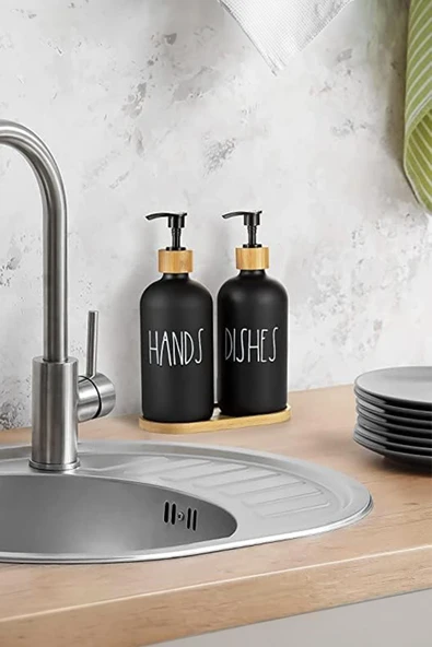 2 Li Bambu Altlıklı Sıvı Sabunluk Seti Siyah - Resim 2