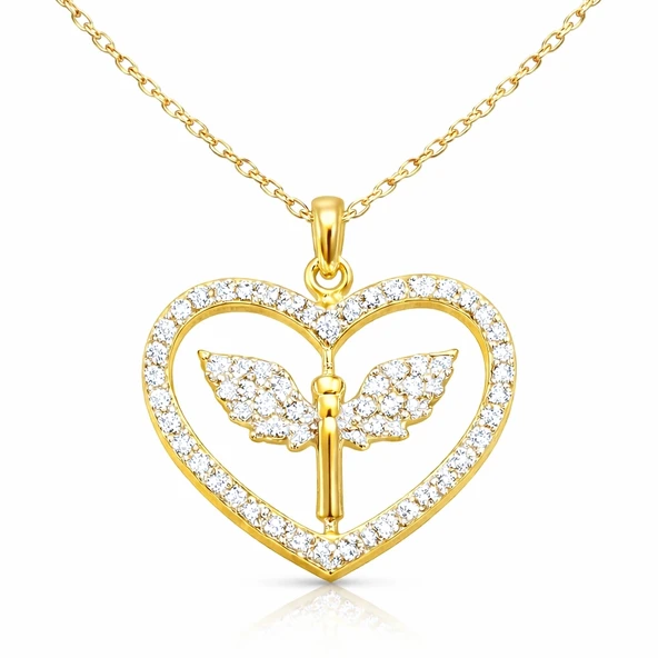 Gümüş Gold Mikail Meleği Figürlü Kalp Kadın Kolye ürün görseli 1