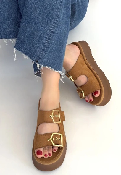 HERŞEYTREND Coer Taba Süet Çift Tokalı Terlik - Resim 3