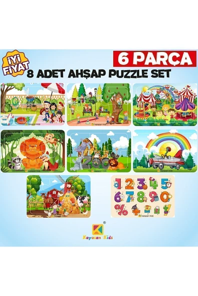 kayasan kids Çocuklar Için Eğitici Ve Öğretici Ahşap 6 Parça Renkli Puzzle 8'li Set-5 ürün görseli 1