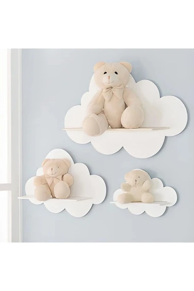 MartinaCole Kayasan Kids 3'lü Beyaz Dekoratif Bulut Çocuk Odası Duvar Rafı mdf ürün görseli 1
