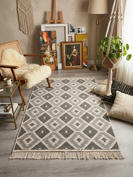Pamuklu Dokuma Çift Taraflı Kilim Yıkanabilir Modern Desenli Yolluk Kaymaz Dayanıklı Dekoratif Halı ürün görseli 1
