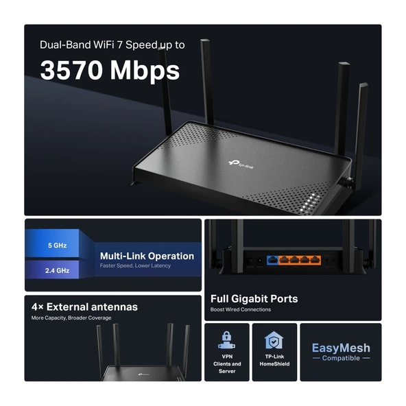 TP-Link Archer BE220 4 Port 3600 Mbps Dual Band Wİ-Fİ 7 Router - Resim 6