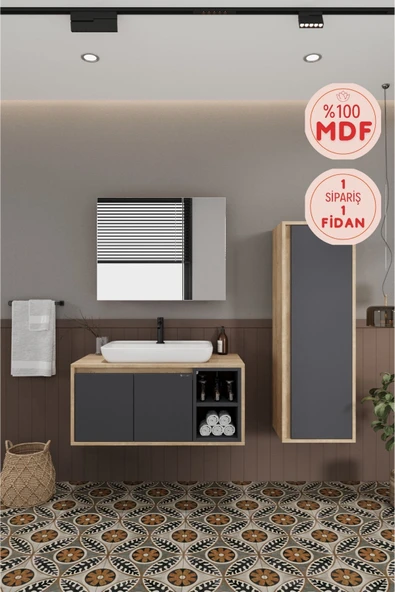 BALNEOM Lale 100 Cm %100 Mdf Lavabolu Banyo Dolabı + Aynalı Dolap + Boy Dolabı ürün görseli 1