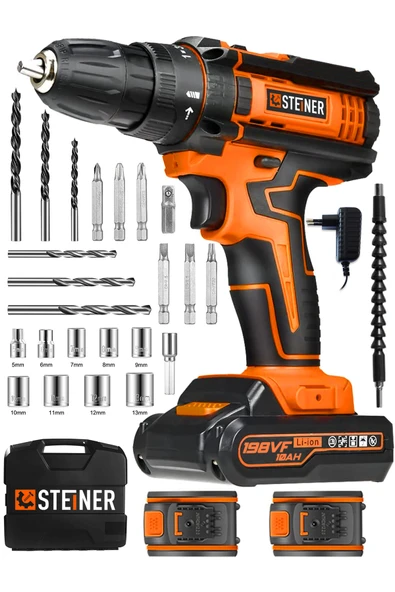 STEİNER Alman 198 Vf 10 Ah Darbeli Metal Dişli Şanzıman Çift Akülü Şarjlı Vidalama Matkap 24 Parça Uç Setli ürün görseli 1