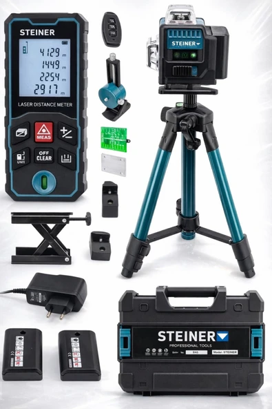 STEİNER Profesyonel 12 Köşe Yeşil Çizgi Lazer Otomatik Hizalama Çantalı + 50MT Lazer Metre + Tripod ürün görseli 1