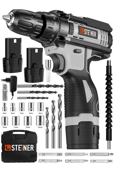 STEİNER Alman Turbo Profesyonel 128 Vf 10 Ah Otomatik Korumalı Metal Şanzuman Çift Akülü Şarjlı Matkap + Set ürün görseli 1