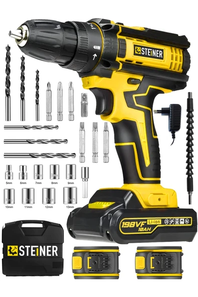 STEİNER Alman 198 Vf 10 Ah Darbeli Metal Dişli Şanzıman Çift Akülü Şarjlı Vidalama Matkap 24 Parça Uç Setli ürün görseli 1