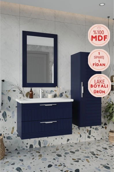 BALNEOM Erguvan Gümüş Kulp Lacivert Demonte 80 Cm Lavabolu Banyo Dolabı Ayna Lavabo Boy Dolabı ürün görseli 1