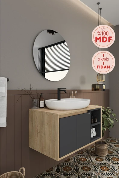 BALNEOM Gül 80 Cm %100 Mdf Lavabolu Banyo Dolabı Ayna Alt Dolap Lavabo ürün görseli 1