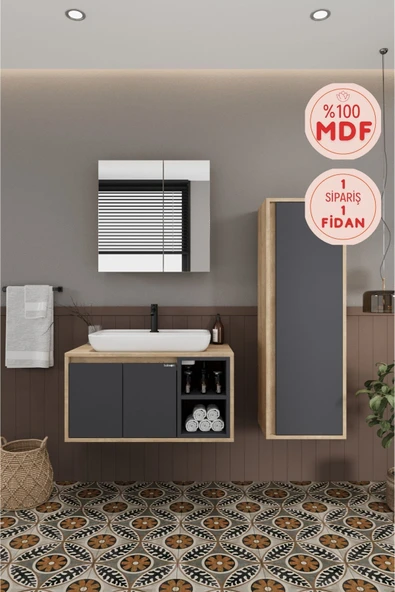 BALNEOM Lale 80 Cm Set %100 Mdf Lavabolu Banyo Dolabı Aynalı Dolap Boy Dolabı ürün görseli 1