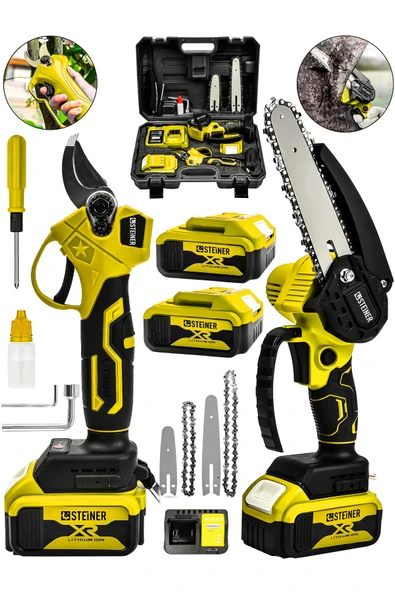 STEİNER 18v Çift Akülü Çelik Şanzıman 35mm Dal Budama Makası & 15cm Budama Testeresi 2 Li Set Sarı ürün görseli 1