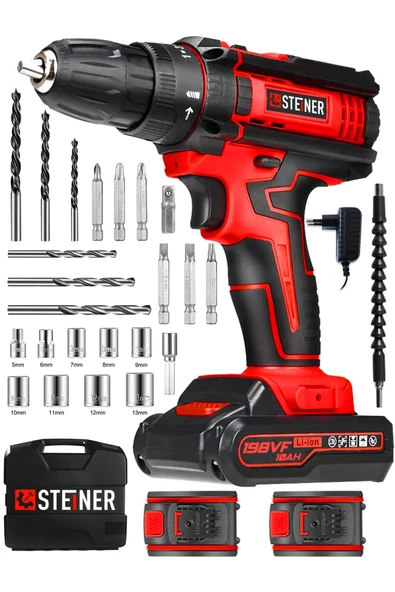 STEİNER Alman 198 Vf 10 Ah Darbeli Metal Dişli Şanzıman Çift Akülü Şarjlı Vidalama Matkap 24 Parça Uç Setli ürün görseli 1