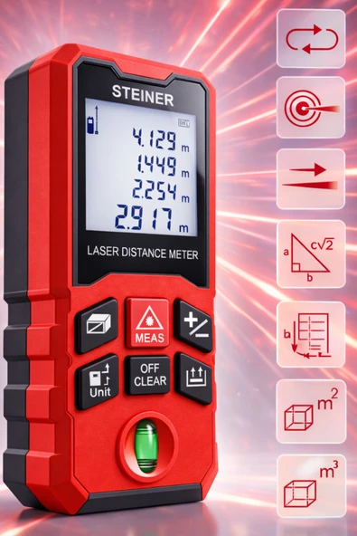 STEİNER Profesyonel 50 Metre Lazer Metre Dijital Göstergeli Lazer Mesafe Ölçer Kırmızı ürün görseli 1