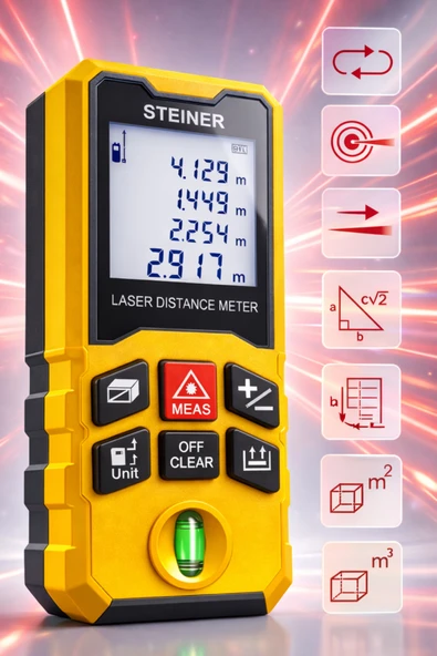 STEİNER Profesyonel 50 Metre Lazer Metre Dijital Göstergeli Lazer Mesafe Ölçer Sarı ürün görseli 1