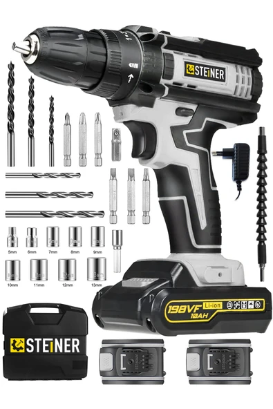 STEİNER Alman 198 Vf 10 Ah Darbeli Metal Dişli Şanzıman Çift Akülü Şarjlı Vidalama Matkap 24 Parça Uç Setli ürün görseli 1